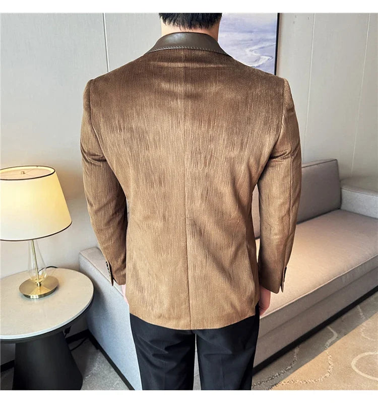 British Style Luxury Men Double Breasted Suit Jacket High Quality Fashion PU Leather Neck Spliced Coats Groom Social Party Dress