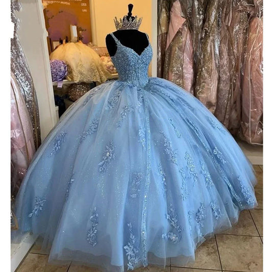Women's Sweetheart Quinceanera Dresses Ball Gown Spaghetti Straps Applique Sweet 16 Dresses for Teens