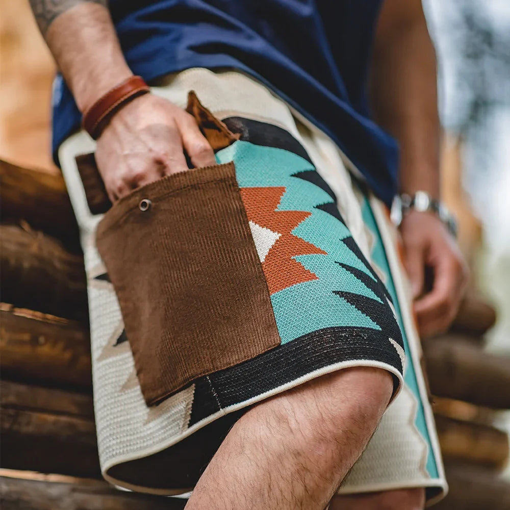 Navajo Totem Knitted Shorts Men's  Elastic Waist Casual Shorts with Corduroy Pocket Summer Beach Breathable Short Pants