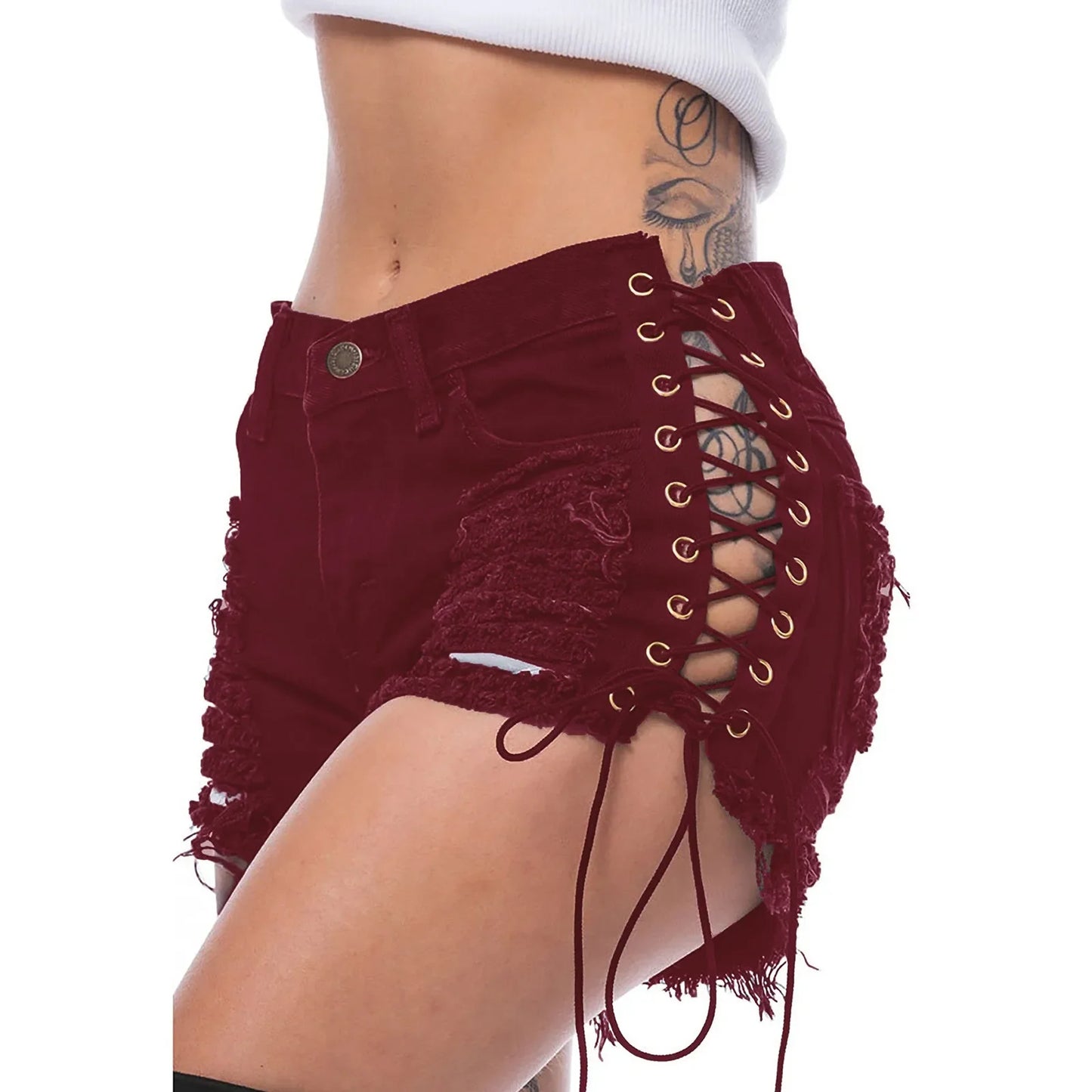 Sexy Women's Jeans Fashion Casual Side Lace-Up Denim Shorts Sexy Hot Denim Short pants Club dance Ripped short jeans