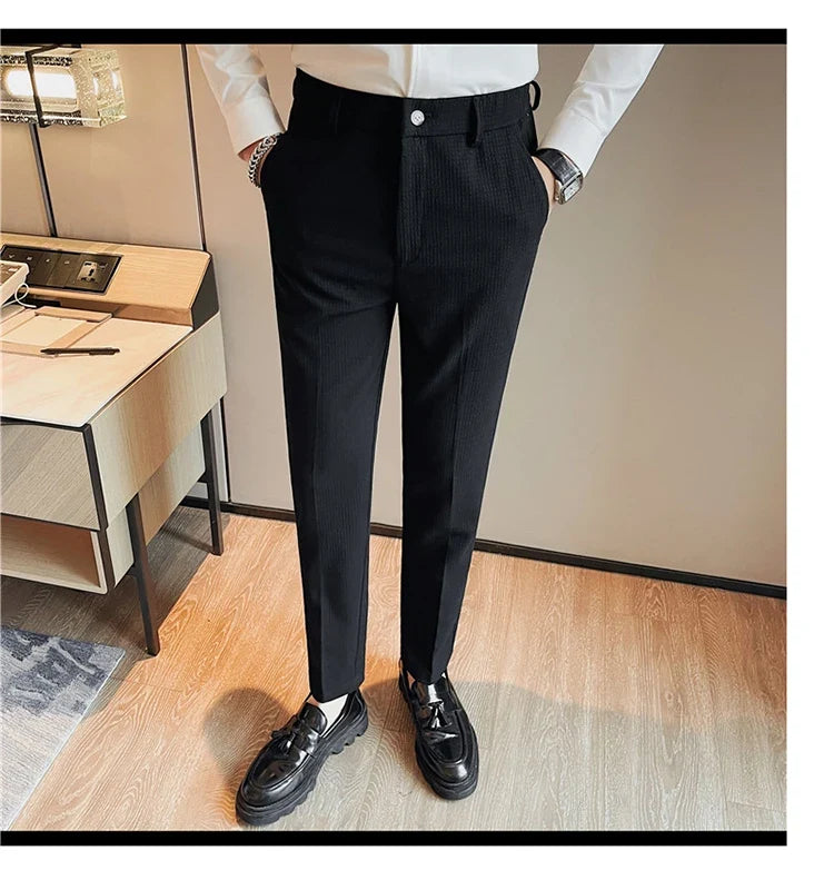Men's Waffle Casual Pants Fashion Korean Stretch Waist Business Formal Pants Mens Social Party Suit Pants Streetwear Pencil Pant