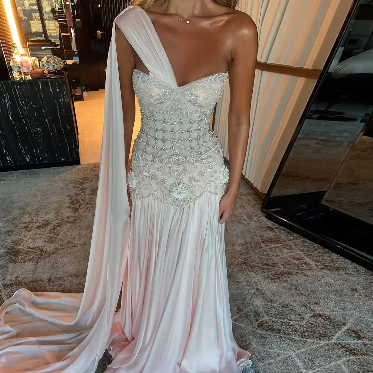 Customized Celebrity Evening Dresses Pink Sleevesless Prom Dresses High Neck Pleated Beadings Ankle Length Party Dresses