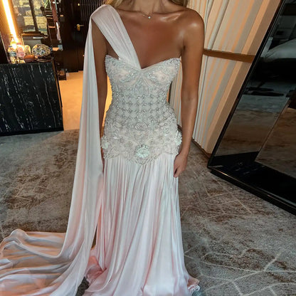 Customized Celebrity Evening Dresses Pink Sleevesless Prom Dresses High Neck Pleated Beadings Ankle Length Party Dresses