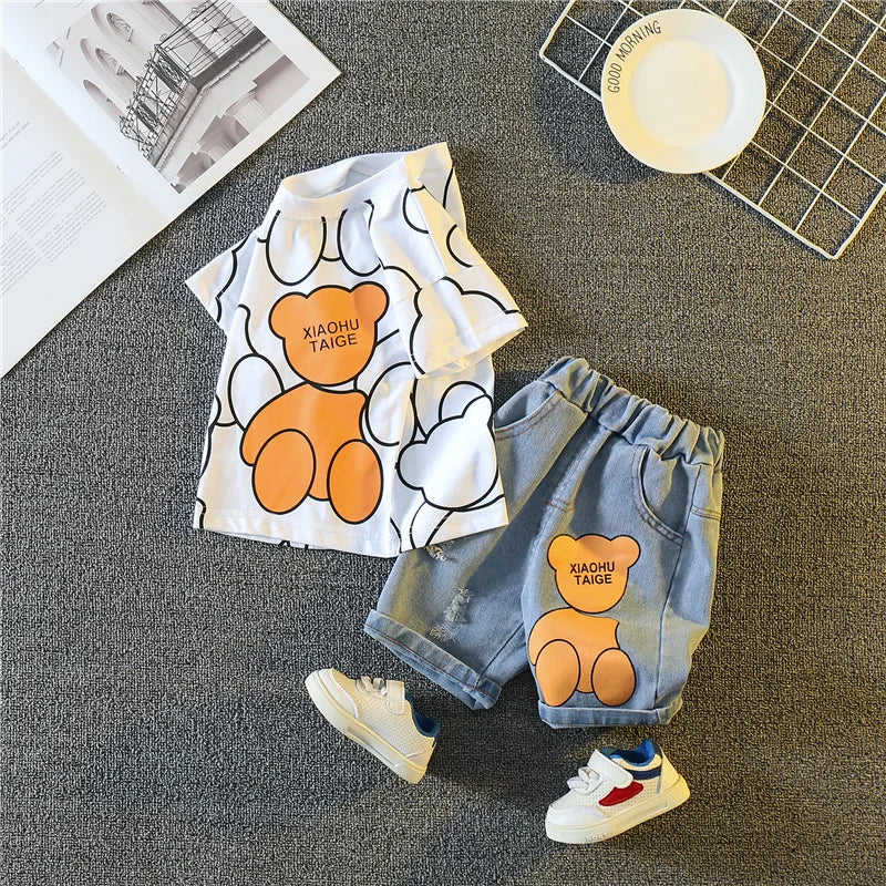 Summer Baby Boys Carttoon T-Shirt And Denim Shorts Set Toddler Infant Casual Clothing Outfit Kids Children's Clothing Suit
