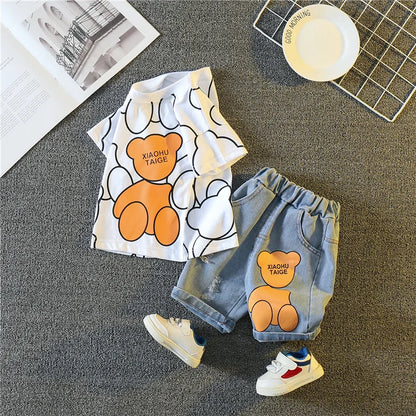 Summer Baby Boys Carttoon T-Shirt And Denim Shorts Set Toddler Infant Casual Clothing Outfit Kids Children's Clothing Suit