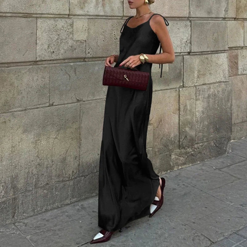 Women's Satin Champagne Dress Sleeveless Sexy Backless Evening Dresses Guest Elegant Bridesmaid Long Evening Gown