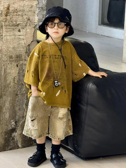 2026 Summer New Boys' Distressed Tie Dye Short Sleeved T-Shirt Junior Sizes Stylish Trendy Kids' Apparel