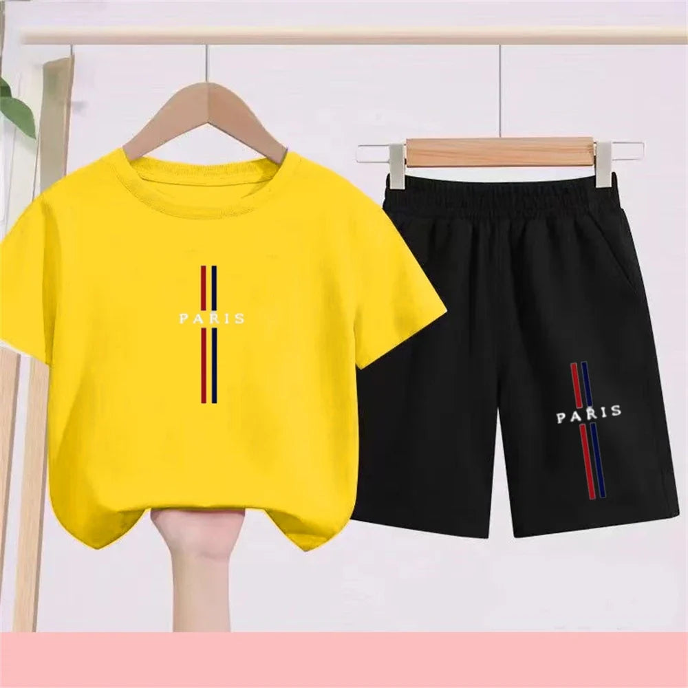 Summer Short Sleeve Children Age 3-12 Girls Boy Set White Black Tshirt+Shorts 2pcs Leisure Kids PARIS Brand Print Set