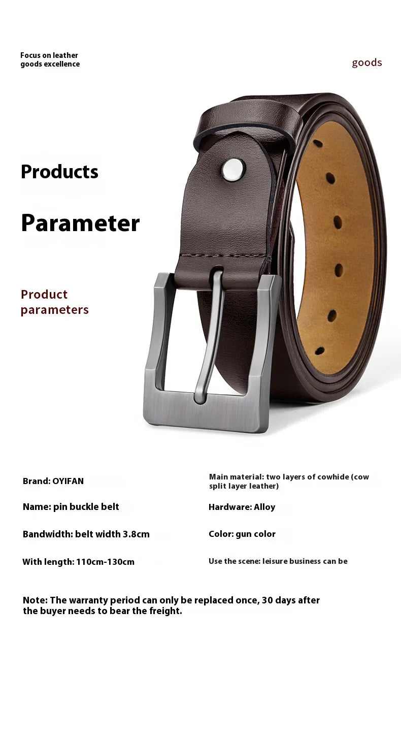Men's Genuine Leather Belt - High-Quality Cowhide Leather Pin Buckle Belt with Alloy Clasp, Premium Men's Cowboy Belt