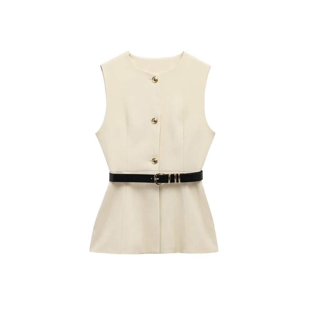 Women's Long Waistcoat with Belt, Front Gold Button, O Neck Sleeveless Vest, Female Outerwear, Chic Tops, Fashion
