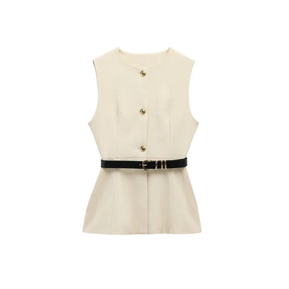 Women's Long Waistcoat with Belt, Front Gold Button, O Neck Sleeveless Vest, Female Outerwear, Chic Tops, Fashion