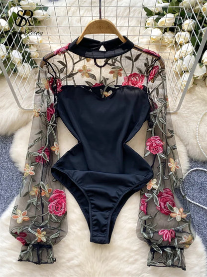 Vintage Embroidery Gauze Sexy Bodysuits Stand Collar Long Sleeve Playsuits Fashion Spliced Women Open crotch Rompers