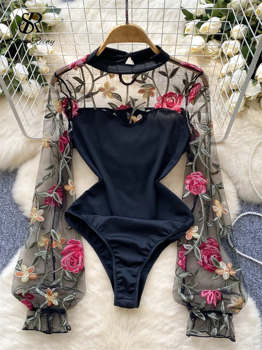 Vintage Embroidery Gauze Sexy Bodysuits Stand Collar Long Sleeve Playsuits Fashion Spliced Women Open crotch Rompers