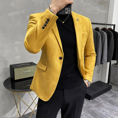 Men's Deerskin Fleece Suit Jacket 2025 Spring New High Quality Single Button Slim Fit Business Casual Suit Coat  Men Clothing