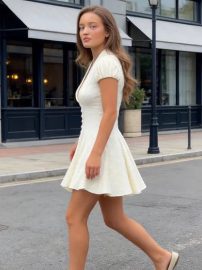 Elegant Solid Polka Dot Dress Women Sexy Deep V Neck Puff Sleeve Waist-cinching Mini  A-line Dresses 2026 Summer Lady Party Robe