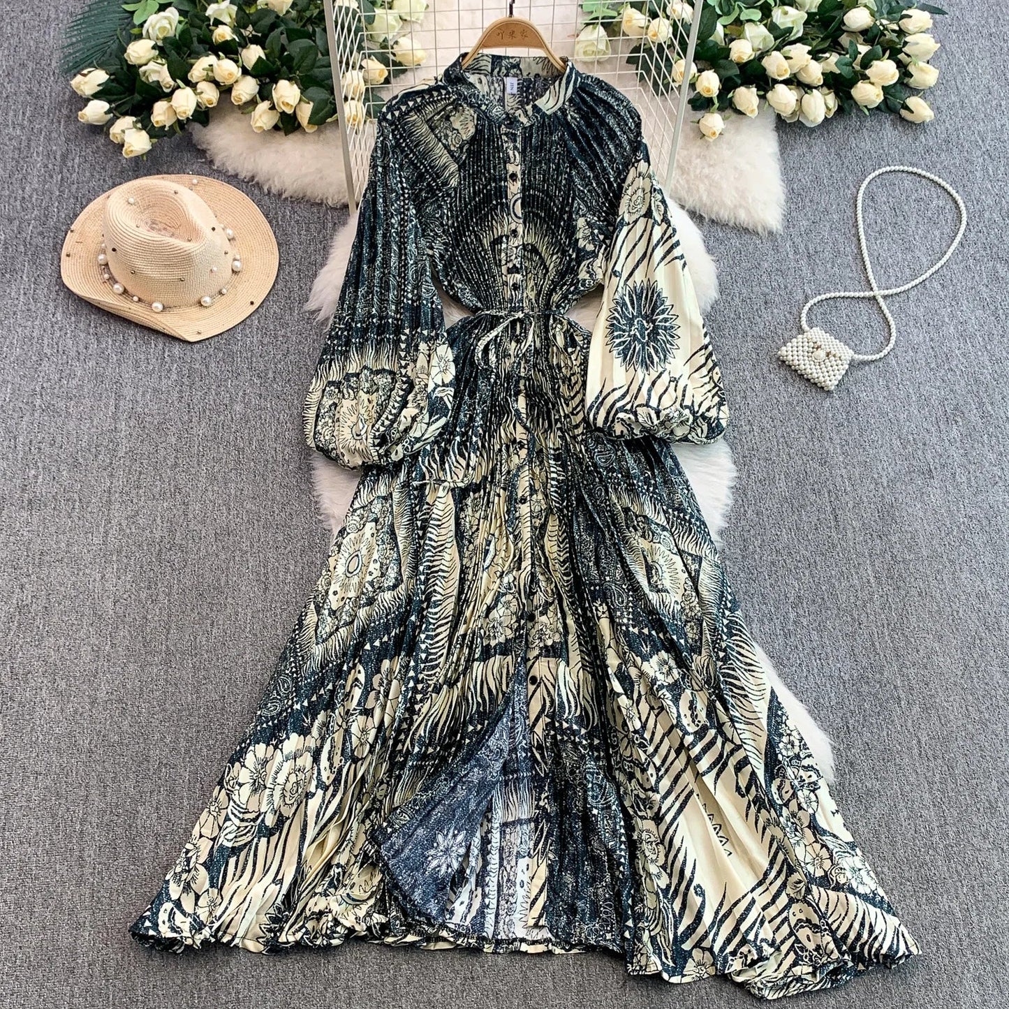 Ele Printed round Ne Lantern Sve Dr Women's Single Button Waist Cinch Maxi Skirt Long Dr Commute Sle Autumn