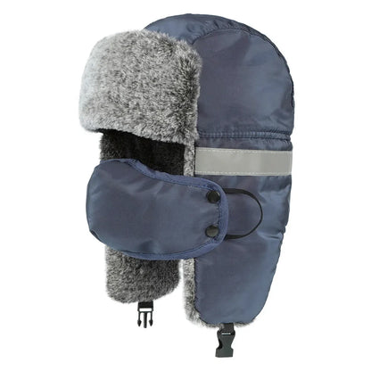 Men's Outdoor Fleece-Lined Thick Warm Reflective Strip Lei Feng Hat with Removable Mask Ear Flap Bomber Hat Winter Pilot Cap