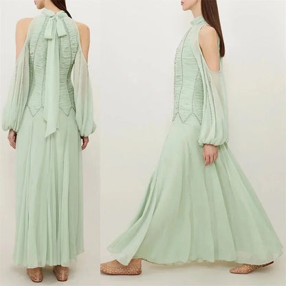 Customized Exquisite Prom Dress Chiffon Pleat Draped Rhinestone A-line High Collar Midi Dresses Occasion Party Gown for Women