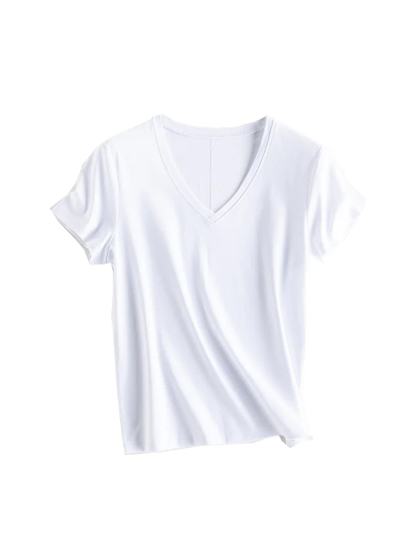 Women Solid T Shirt, Silk Cotton Blend, Square Collar, Short Sleeves Chic Shirt 2025 Spring Summer Cozy Top