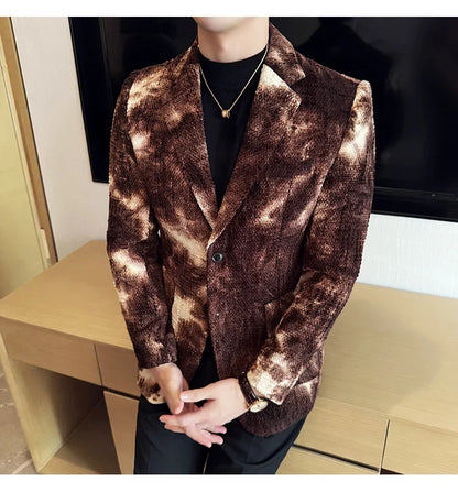 High QualityTie Dye Chenille Men Fashion Casual Suit Jacket Autumn Winter New Korean Slim Fit Social Wedding Suit Blazer