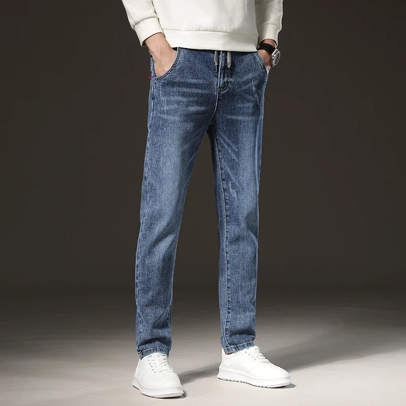 Warm Winter Jeans Men's Fleece Light Blue Slim Straight Denim Pants High Quality Thicken Velvet Elastic Comfort Casual Trousers