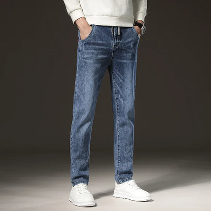 Warm Winter Jeans Men's Fleece Light Blue Slim Straight Denim Pants High Quality Thicken Velvet Elastic Comfort Casual Trousers