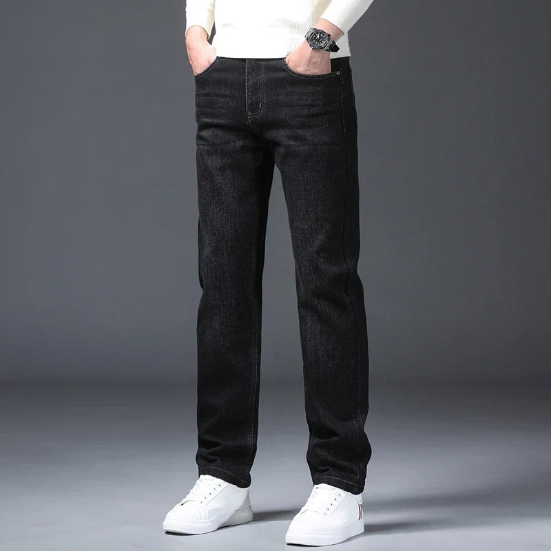 Classic Straight Men's Jeans Spring Slightly Thick Elastic Casual Office Business Trousers Fashion Comfort Washed Denim Pants