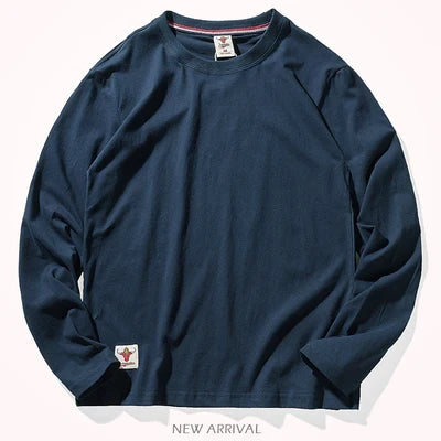 Autumn American Retro Long Sleeve O-neck Solid Color T-shirt Men's Fashion Simple 100% Cotton Washed Old Casual Bottoming Tops