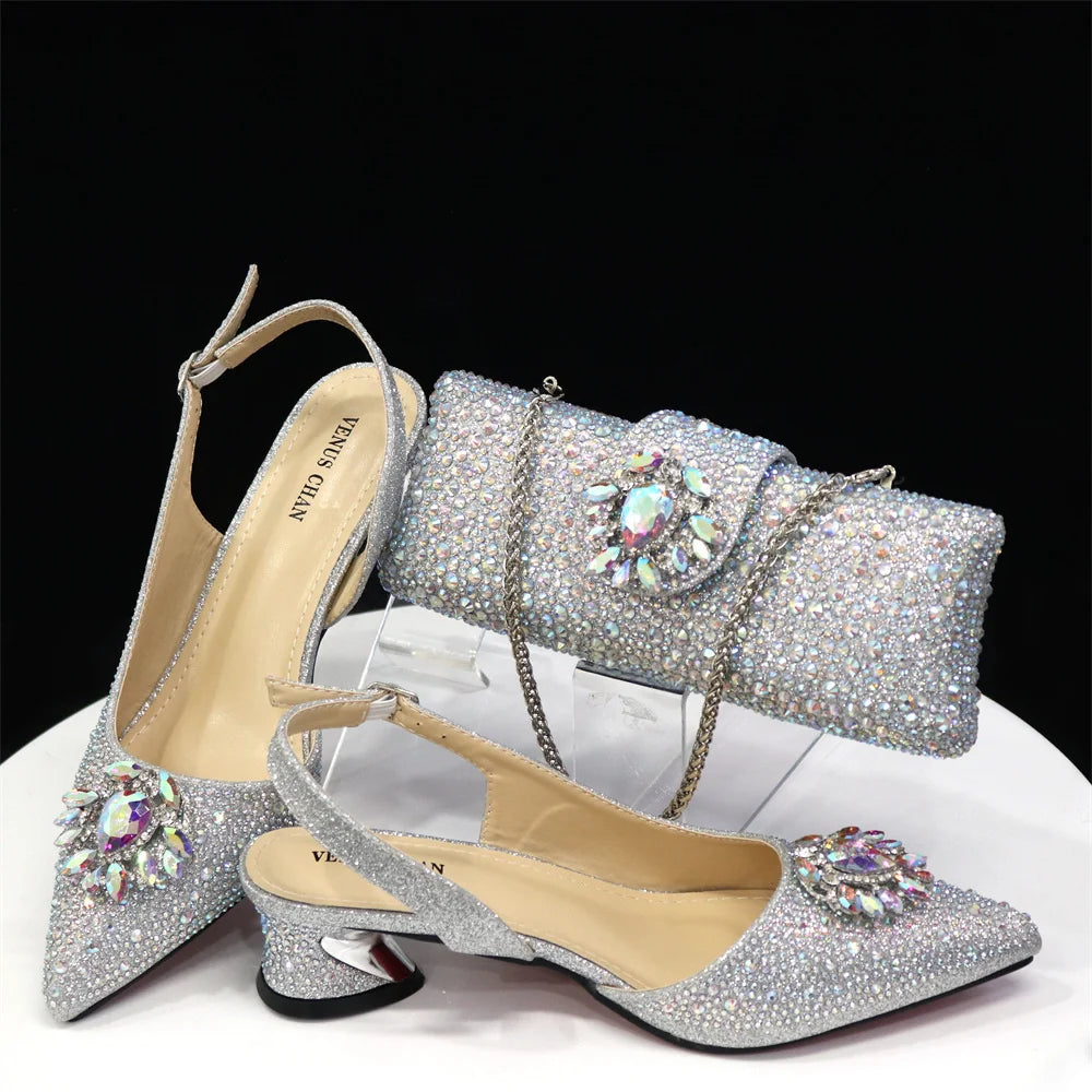 Royal Blue Sandals for Women 2024 Luxury Wedding Pumps Med Heels Rhinestone Design Party Shoes and Bags Set