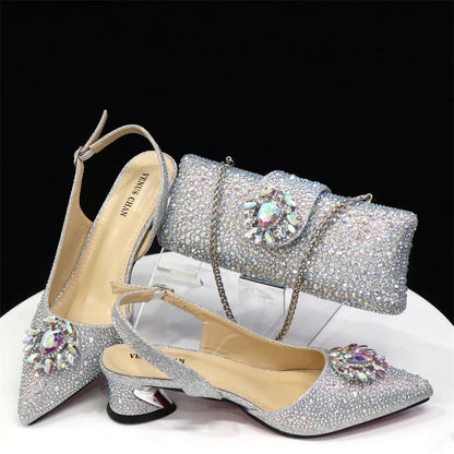 Royal Blue Sandals for Women 2024 Luxury Wedding Pumps Med Heels Rhinestone Design Party Shoes and Bags Set