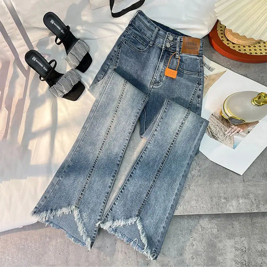 Women Autumn Y2K Slim Flared Denim Trouser Raw Edge Vintage Sexy Minimalist Pant Grunge High Waist Solid High Street Retro Jeans