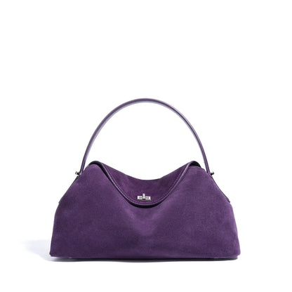 2026 Autumn Winter All-match Bowling Tote All-match Matte Suede Cowhide Leather Women Shoulder Bag Coffee Purple Noble Handbag