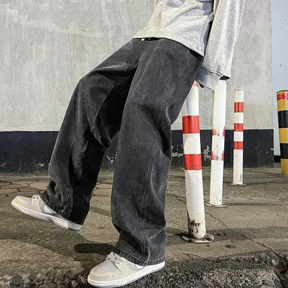 Spring and Autumn New American Drawstring Jeans for Men, Loose and Versatile Casual Pants, Trendy Washed Men's Pants