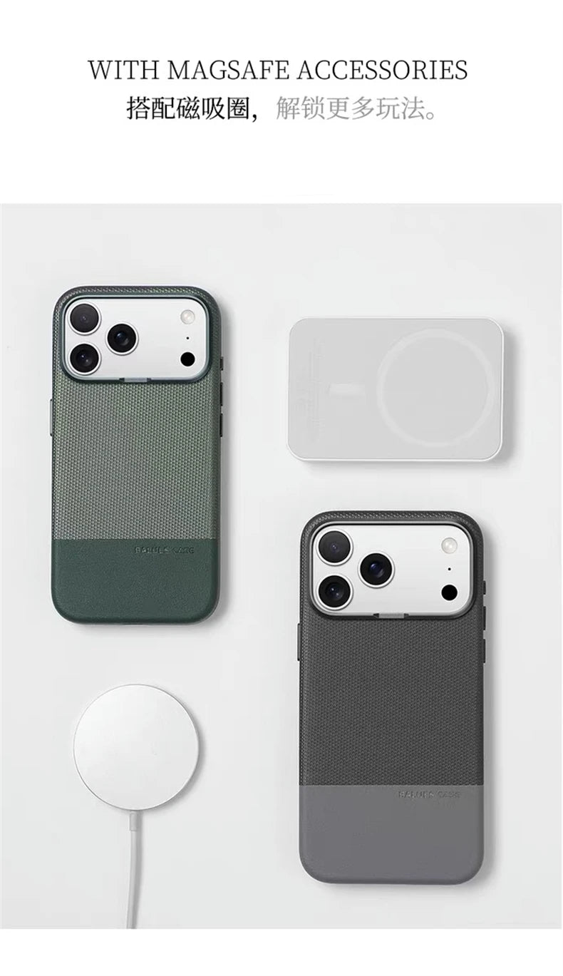 For Magsafe Fine Grained Leather Case For iPhone 17 Pro Max Ari 16 15 14 13 Metal Lens Frame Wireless Charge Accessories Cover