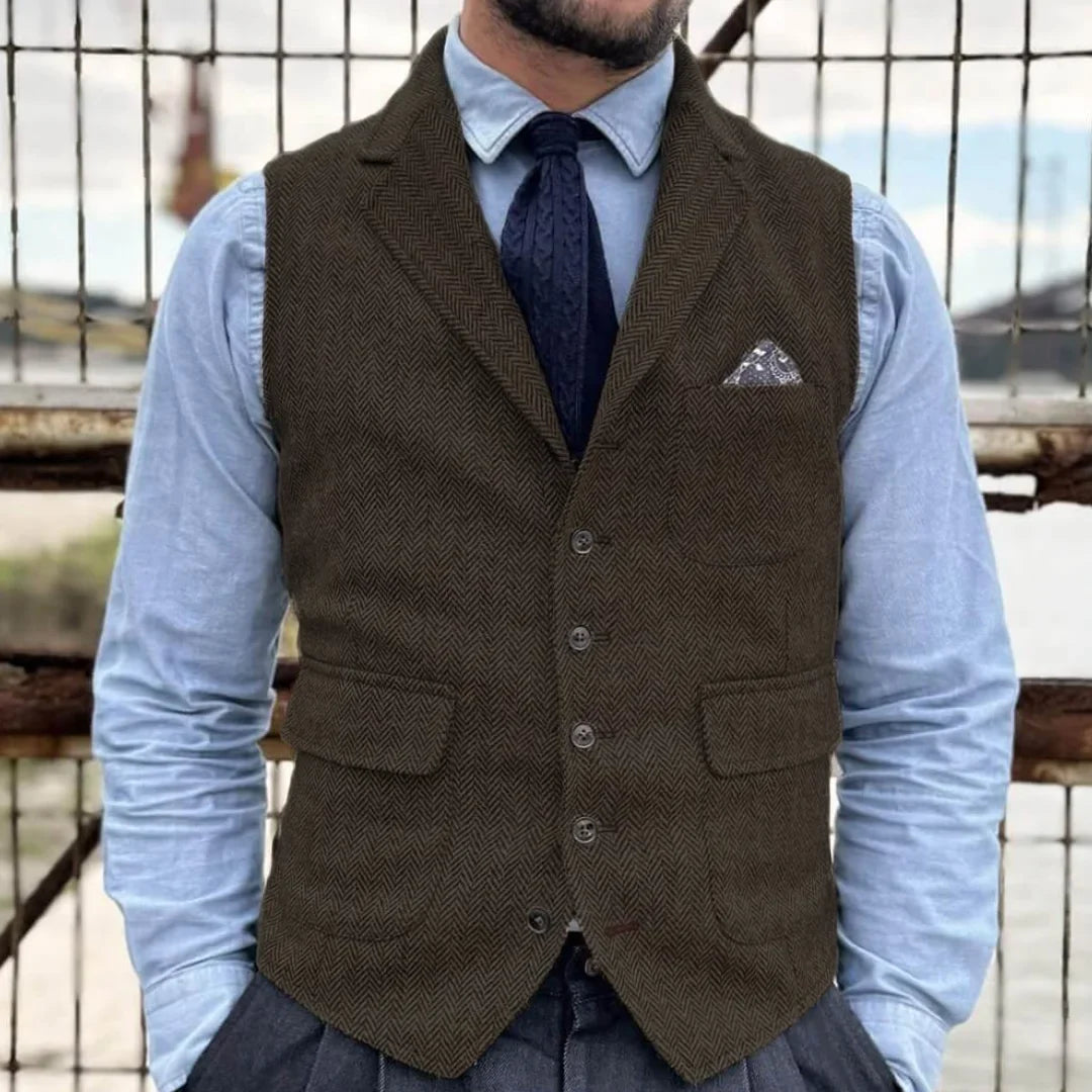 Men Vest Khaki Herringbone Single Button With Lapel Waistcoat For Banquet Party Business Office Work Casual Daily Men Suit Vest