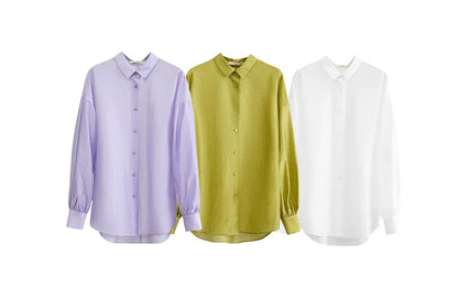 Minimalist Blouse for Women 2023 Autumn Lantern Sleeve V-Neck Slightly Transparent Elegant Commuter Clothing Tops 72341030