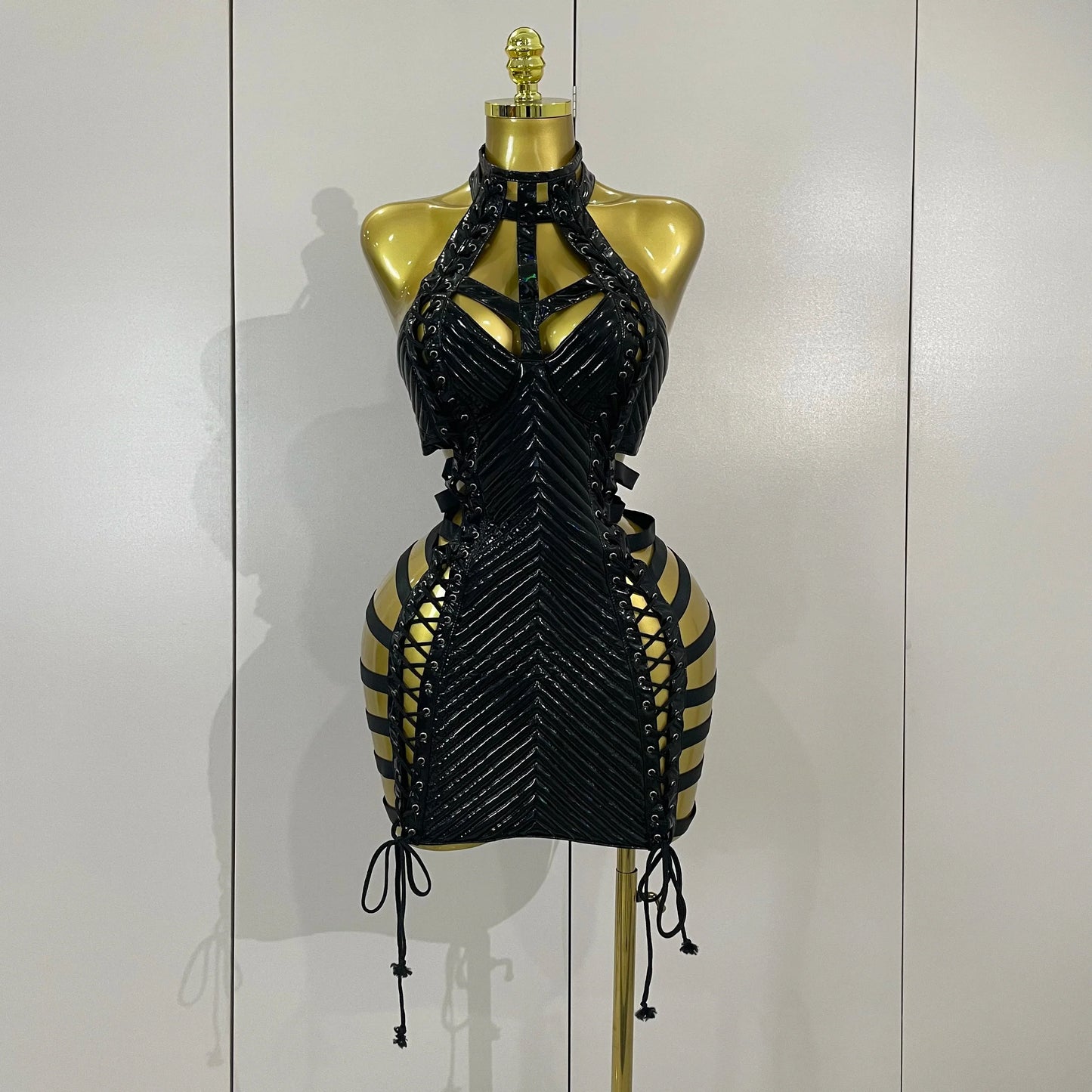 Sexy Black Leather Hollow Out Gothic Bandage Halter Short Dress Women Gogo Dance Singer Nightclub Bar Performance Stage Wear