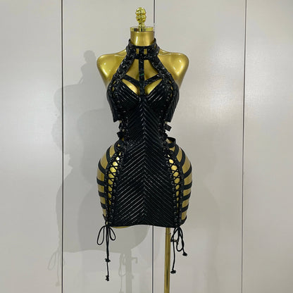 Sexy Black Leather Hollow Out Gothic Bandage Halter Short Dress Women Gogo Dance Singer Nightclub Bar Performance Stage Wear