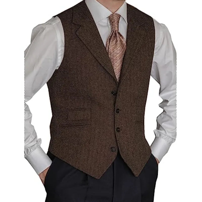 Men Vest Brown Classic Herringbone Pattern Suit Vest Notch Lapel Waistcoat Slim Formal For Wedding Groomsmen Banquet Men Suit
