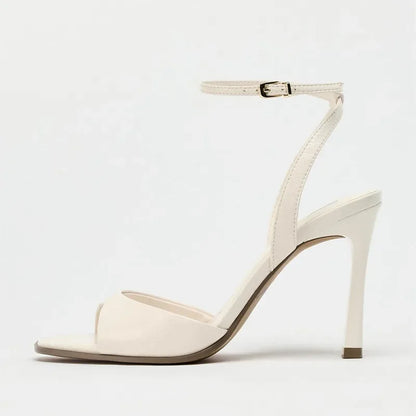 Black Patent Leather Ankle Strap Buckle Heeled Sandals Women Sexy Square Open Toe High Heels Summer Elegant Party Office Shoes