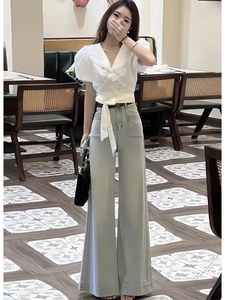 Light Wa Wide Leg Oversized Jeans Women's Small Size Loose Slimming Lazy Versatile Drapey Flared Floor-Length Trendy Pants