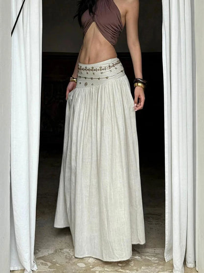 Vintage Beading Midi Skirt Women Vacation Beach Low Waist Skirts Summer Ladies Streetwear Korean Casual Design A Line Faldas New