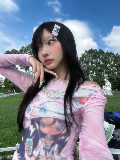 Karrram Japanese Y2k Anime Print Mesh Tops 2000s Aesthetics Pink Sheer Top Vintage Harajuku Kawaii See Through T-shirt Lolita