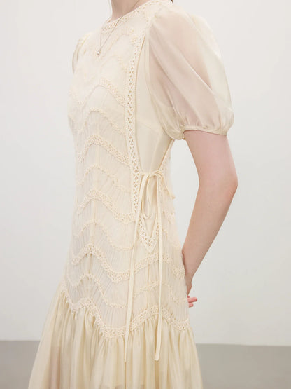 2025 Summer Women's Mesh Embroidery Dress Hollow Out Splicing Bubble Sleeves Waist Tie Y2K Trendy Boho Chic 25FS12832
