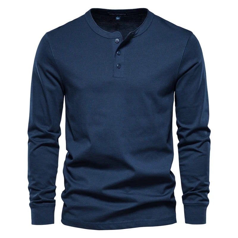 Men's Long Sleeve Button Down T-Shirts Autumn Henley Collar Casual High Quality 100% Cotton Crew Neck Mens T Shirts