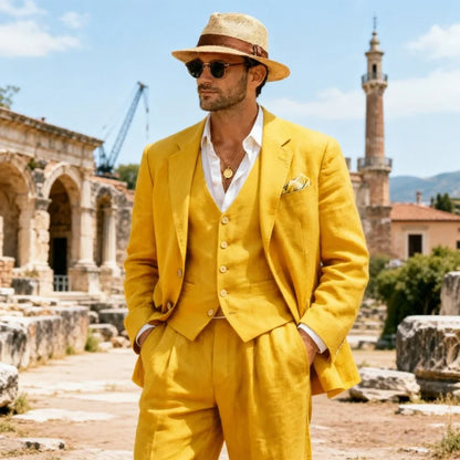 Relaxed Linen Men Suits Dark Green 3 Pieces Minimalist Single Breasted Casual Suit For Summer Wedding Party Business Occasion