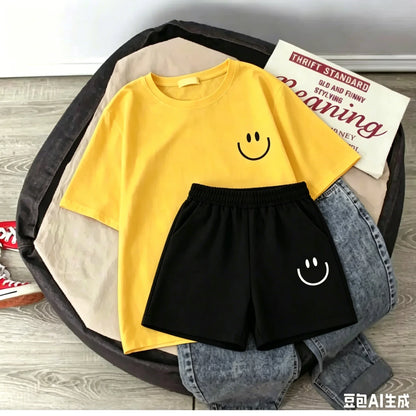 2026 New Summer Smiling Face Print Kids T-shirt Set Short-sleeved Pure Cotton Loose Basic Versatile Cool Simple Kids Outfit Tops