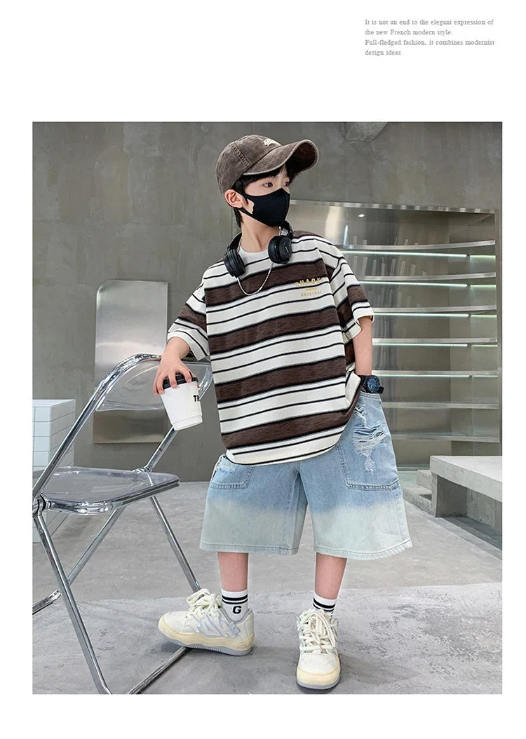 Luxury Summer Suit for Boy Short Sleeve Striped T-shirt + Denim Shorts 2 Pieces Clothing Set Kids Children Cotton Top Bottom Set