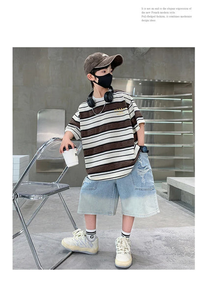 Luxury Summer Suit for Boy Short Sleeve Striped T-shirt + Denim Shorts 2 Pieces Clothing Set Kids Children Cotton Top Bottom Set