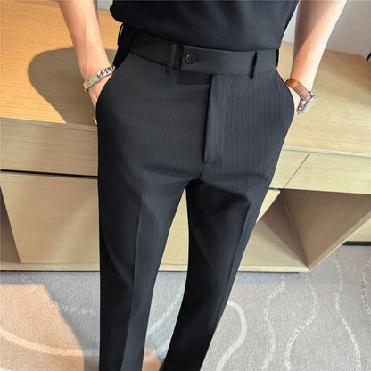 Spring Autumn New Elastic Waist Casual Trousers Male High Waist Dark Striped Slim Fit Pants Men Business Formal Casual Suit Pant